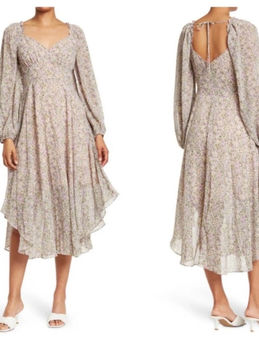 Astr Floral Puff-Sleeve Midi Dress